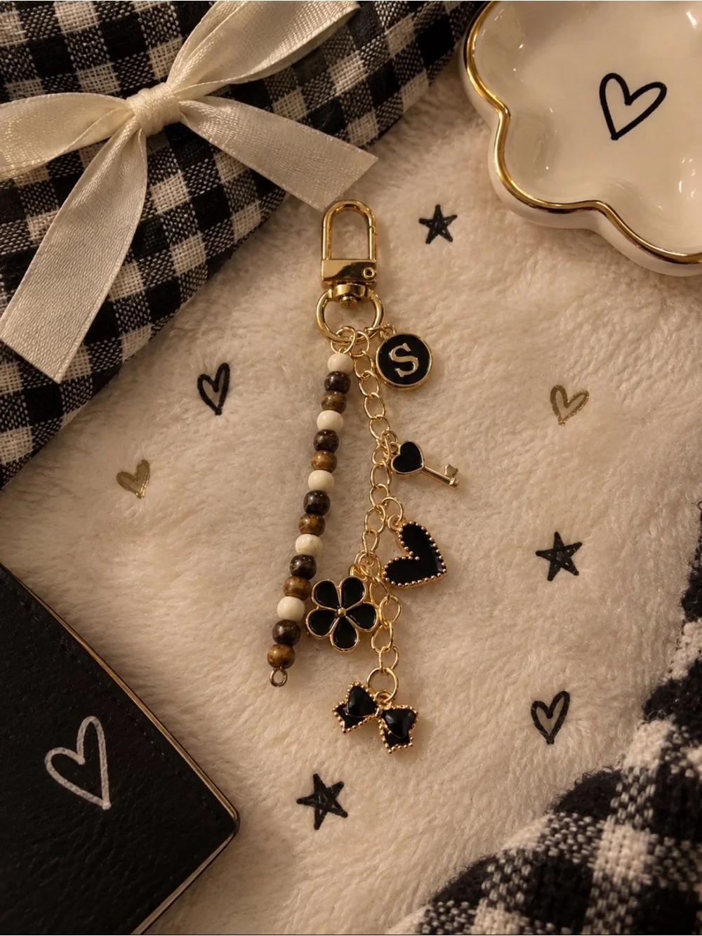Gold and Black Beaded Charm Keychain/Bag Charm - Hearts, Flower & Bow